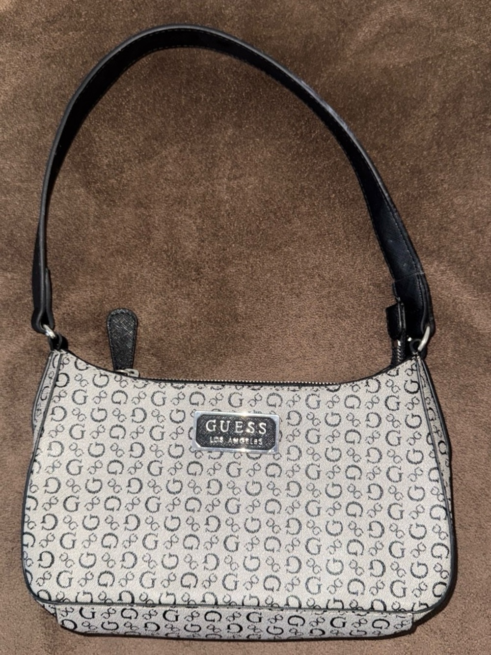 Guess Beige Monogram Shoulder Bag with Black Trim